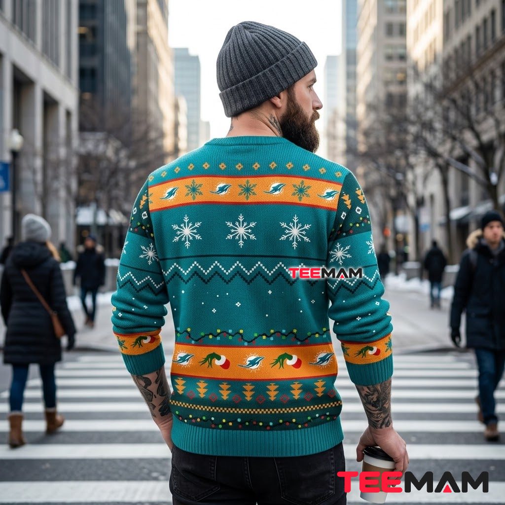 Miami Dolphins Ugly Christmas Sweater Grinch Hand Lights Version 3 Miami Dolphins Ugly Christmas Sweater Grinch Hand Lights Version 3