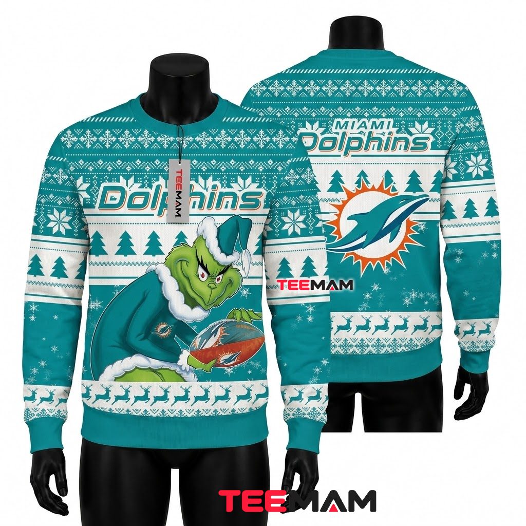 Miami Dolphins Ugly Christmas Sweater Grinch Holding Football Front