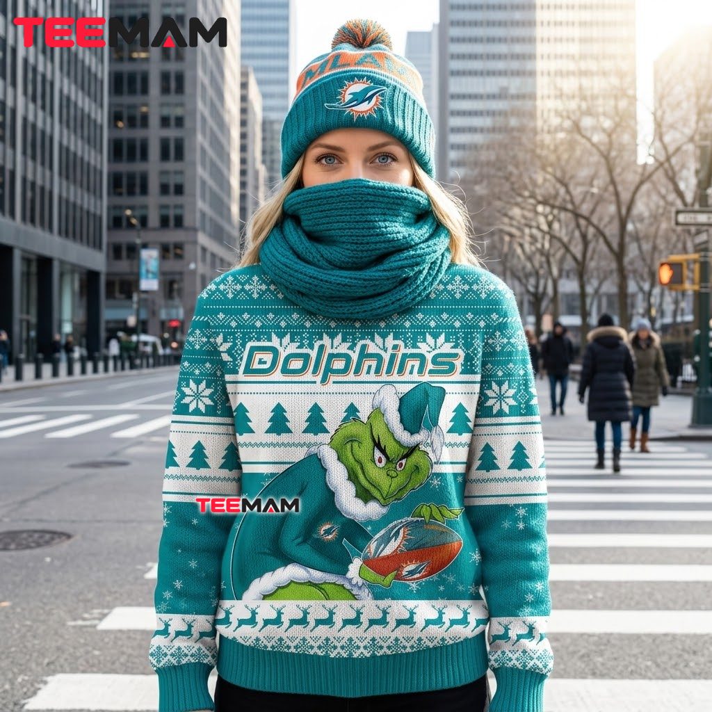 Miami Dolphins Ugly Christmas Sweater Grinch Holding Football Back Miami Dolphins Ugly Christmas Sweater Grinch Holding Football Back