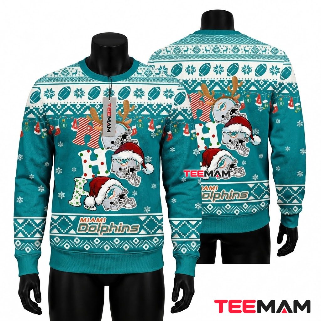 Miami Dolphins Ugly Christmas Sweater Ho Ho Helmet Lights Front