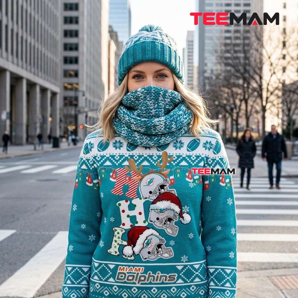 Miami Dolphins Ugly Christmas Sweater Ho Ho Helmet Lights Back Miami Dolphins Ugly Christmas Sweater Ho Ho Helmet Lights Back