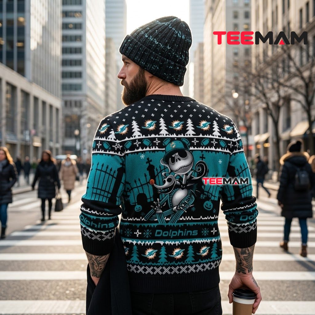 Miami Dolphins Ugly Christmas Sweater Jack Skellington Graveyard Version 3 Miami Dolphins Ugly Christmas Sweater Jack Skellington Graveyard Version 3