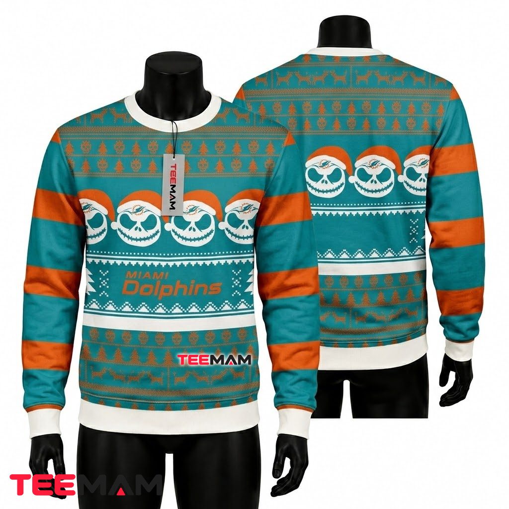 Miami Dolphins Ugly Christmas Sweater Jack Skellington Santa Front
