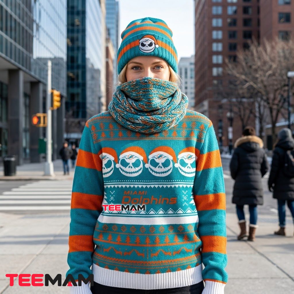 Miami Dolphins Ugly Christmas Sweater Jack Skellington Santa Back Miami Dolphins Ugly Christmas Sweater Jack Skellington Santa Back
