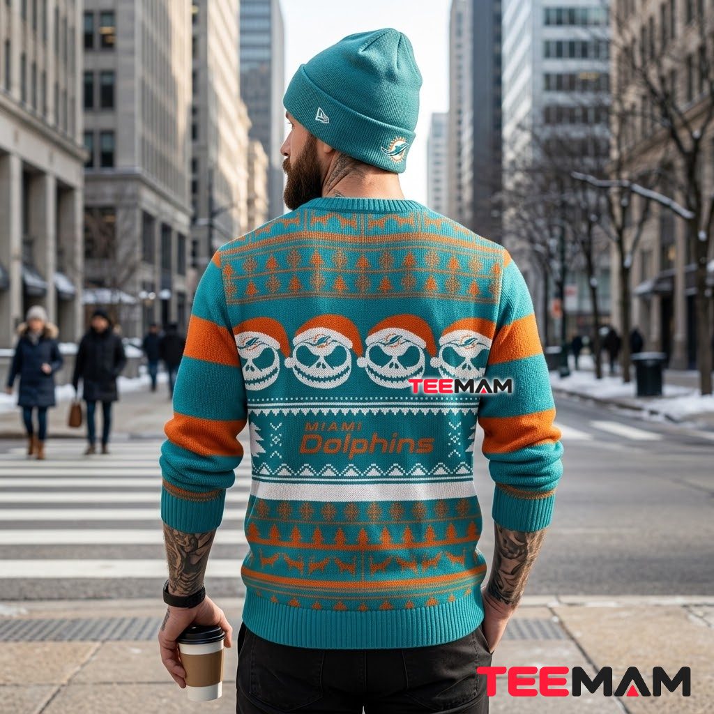 Miami Dolphins Ugly Christmas Sweater Jack Skellington Santa Version 3 Miami Dolphins Ugly Christmas Sweater Jack Skellington Santa Version 3