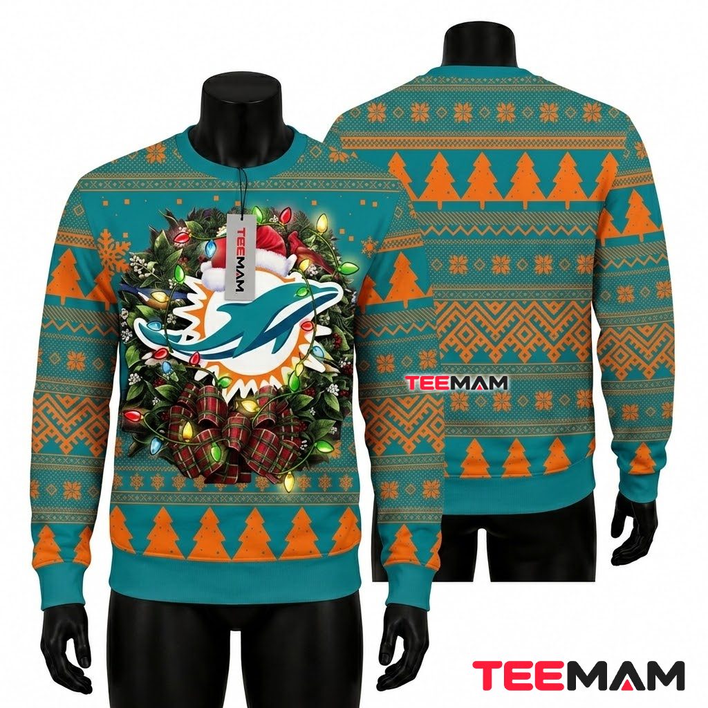Miami Dolphins Ugly Christmas Sweater Logo Wreath Lights Front