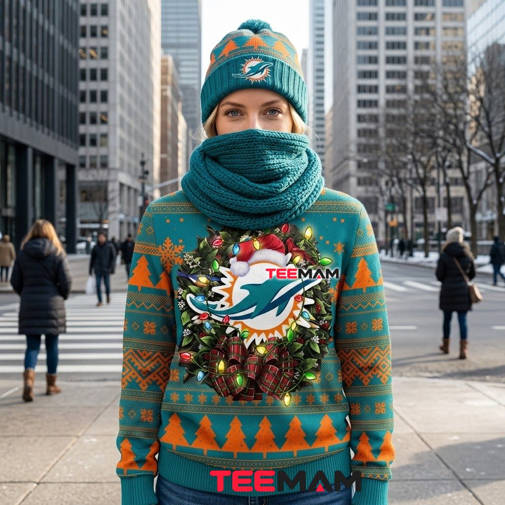 Miami Dolphins Ugly Christmas Sweater Logo Wreath Lights Back Miami Dolphins Ugly Christmas Sweater Logo Wreath Lights Back