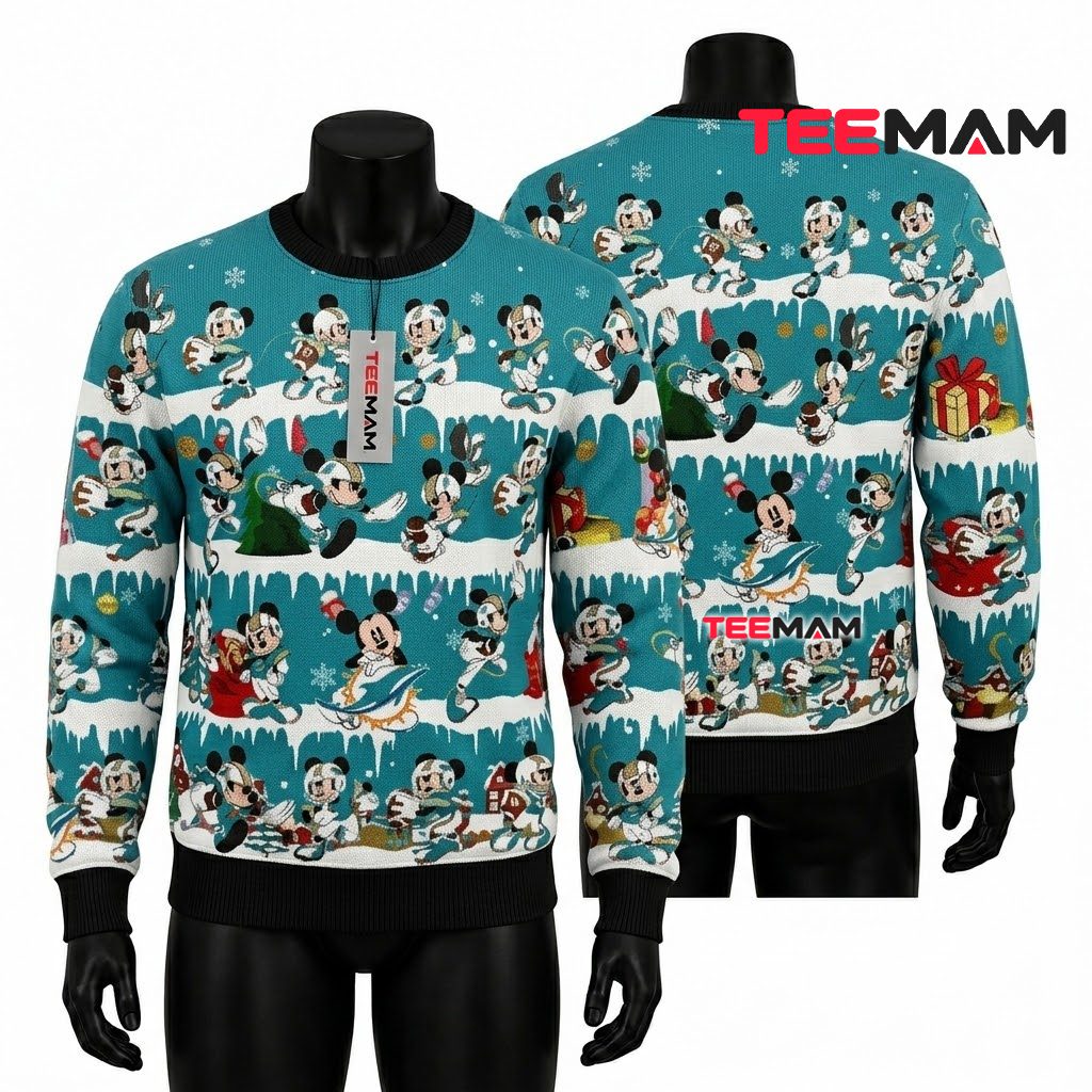 Miami Dolphins Ugly Christmas Sweater Mickey Mouse Pattern Front