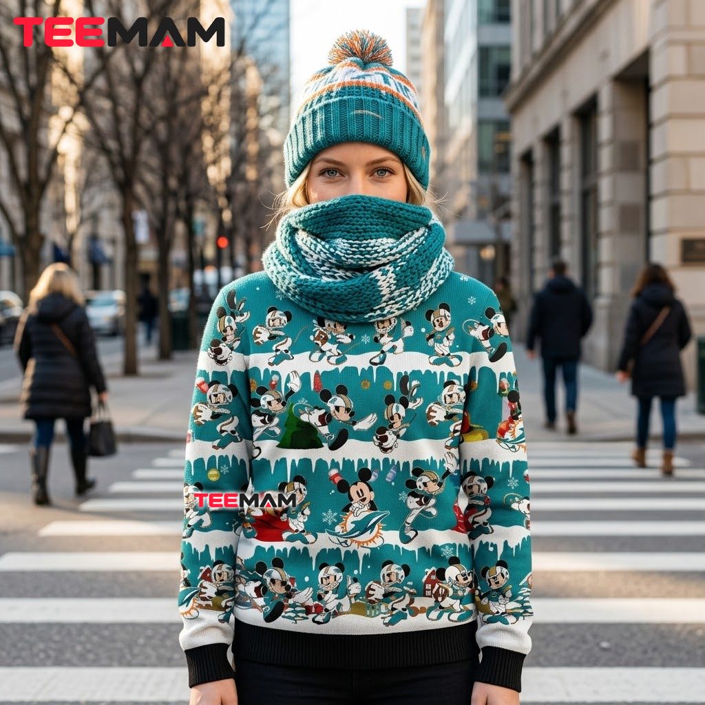 Miami Dolphins Ugly Christmas Sweater Mickey Mouse Pattern Back Miami Dolphins Ugly Christmas Sweater Mickey Mouse Pattern Back