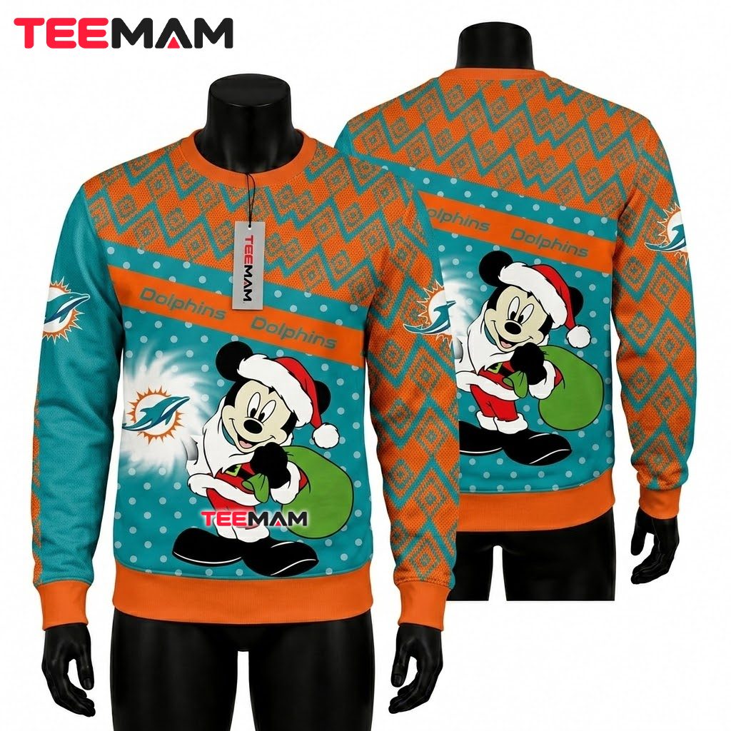 Miami Dolphins Ugly Christmas Sweater Mickey Mouse Pattern Miami Dolphins Ugly Christmas Sweater Mickey Mouse Pattern