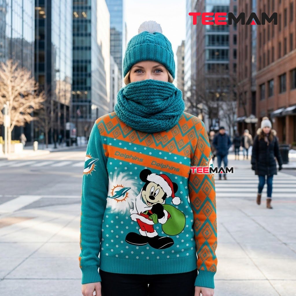 Miami Dolphins Ugly Christmas Sweater Mickey Mouse Santa Back Miami Dolphins Ugly Christmas Sweater Mickey Mouse Santa Back