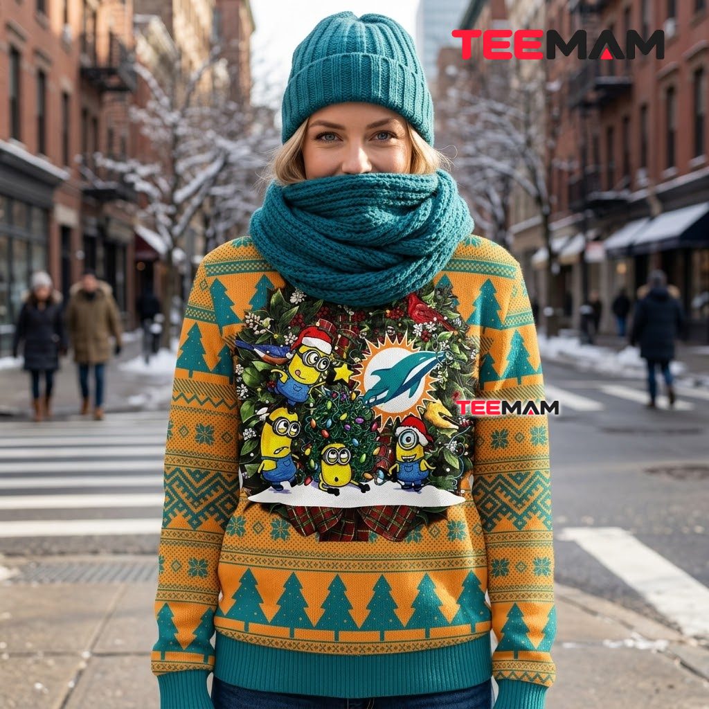 Miami Dolphins Ugly Christmas Sweater Minions Wreath Cardinal Back Miami Dolphins Ugly Christmas Sweater Minions Wreath Cardinal Back