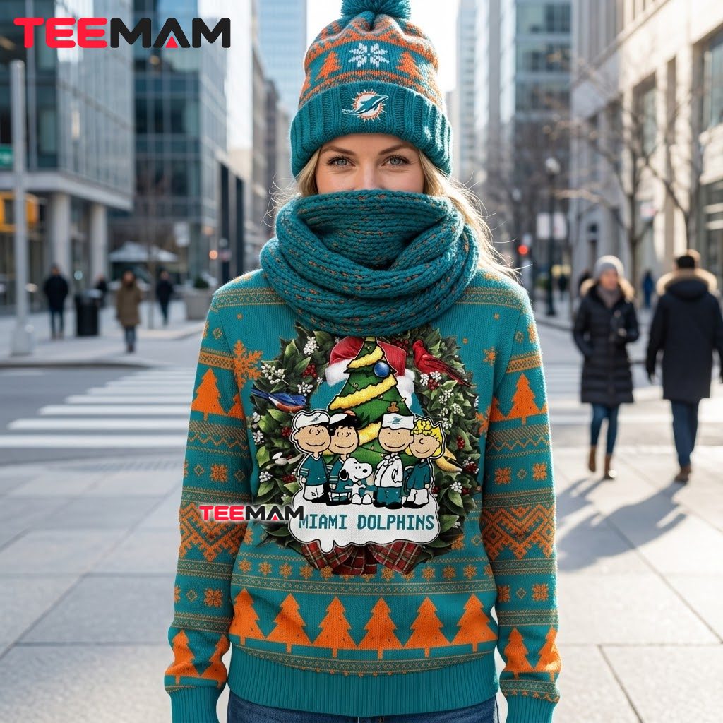 Miami Dolphins Ugly Christmas Sweater Peanuts Gang Tree Back Miami Dolphins Ugly Christmas Sweater Peanuts Gang Tree Back