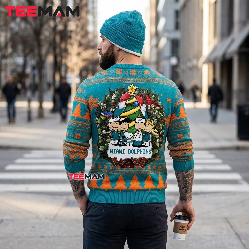 Miami Dolphins Ugly Christmas Sweater Peanuts Gang Tree Version 3 Miami Dolphins Ugly Christmas Sweater Peanuts Gang Tree Version 3