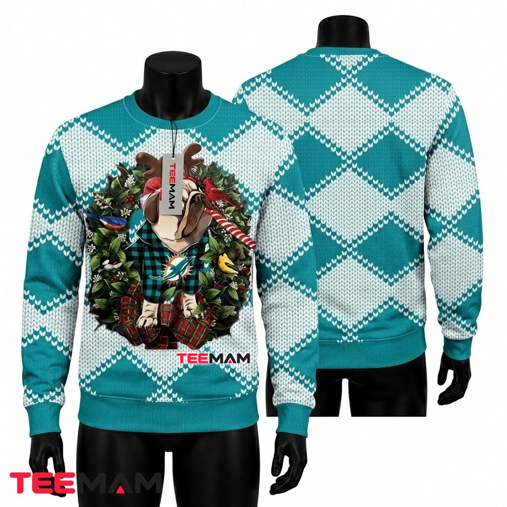 Miami Dolphins Ugly Christmas Sweater Pug Reindeer Wreath Front
