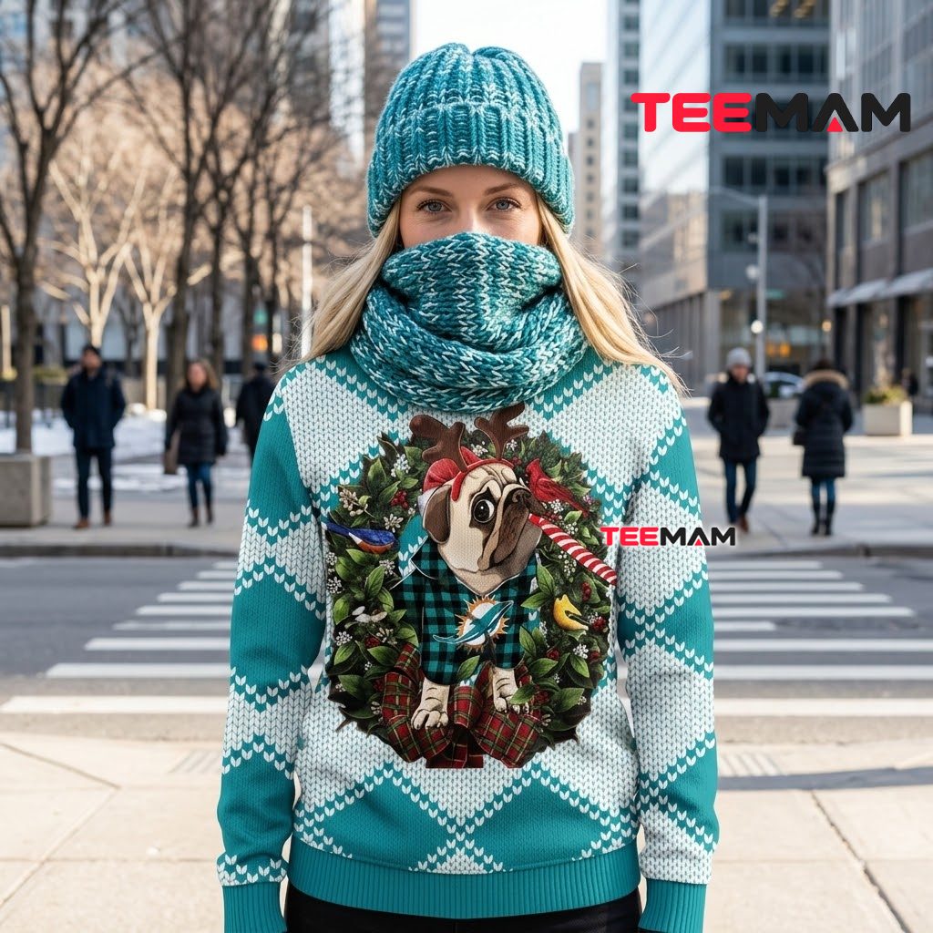 Miami Dolphins Ugly Christmas Sweater Pug Reindeer Wreath Back Miami Dolphins Ugly Christmas Sweater Pug Reindeer Wreath Back
