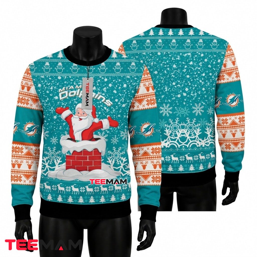 Miami Dolphins Ugly Christmas Sweater Santa Chimney Snow Front