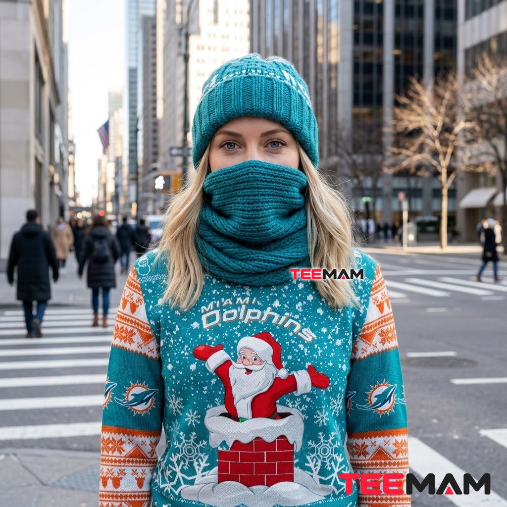 Miami Dolphins Ugly Christmas Sweater Santa Chimney Snow Back Miami Dolphins Ugly Christmas Sweater Santa Chimney Snow Back