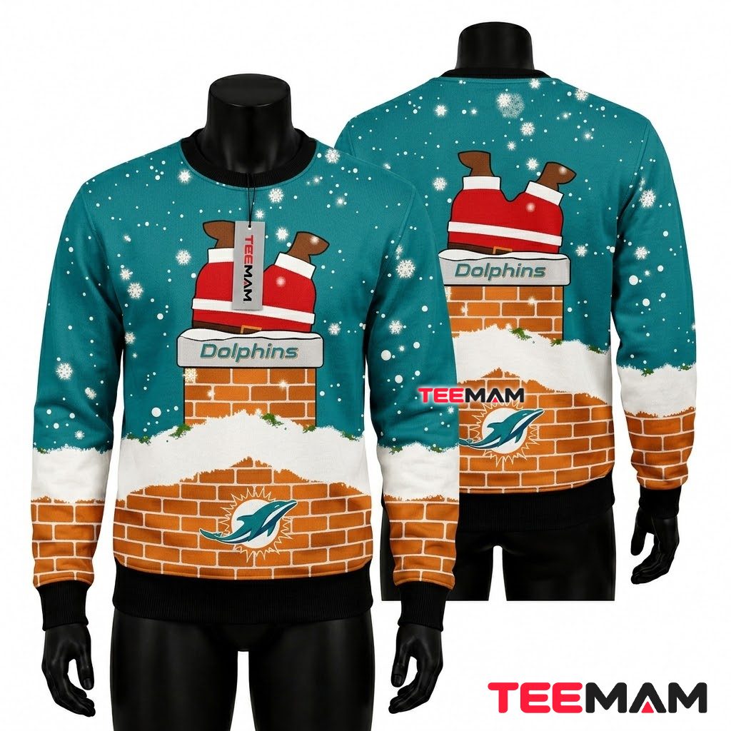 Miami Dolphins Ugly Christmas Sweater Santa Stuck Chimney Front