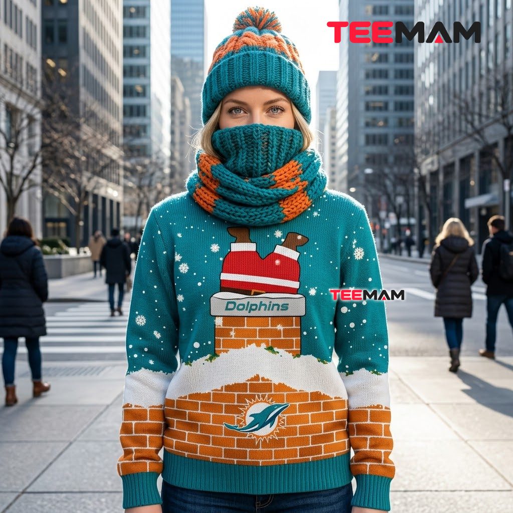 Miami Dolphins Ugly Christmas Sweater Santa Stuck Chimney Back Miami Dolphins Ugly Christmas Sweater Santa Stuck Chimney Back