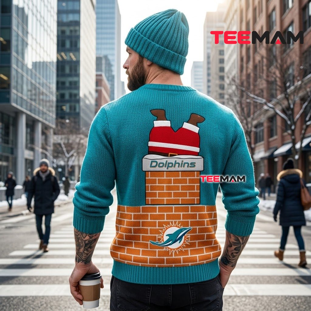 Miami Dolphins Ugly Christmas Sweater Santa Stuck Chimney Version 3 Miami Dolphins Ugly Christmas Sweater Santa Stuck Chimney Version 3