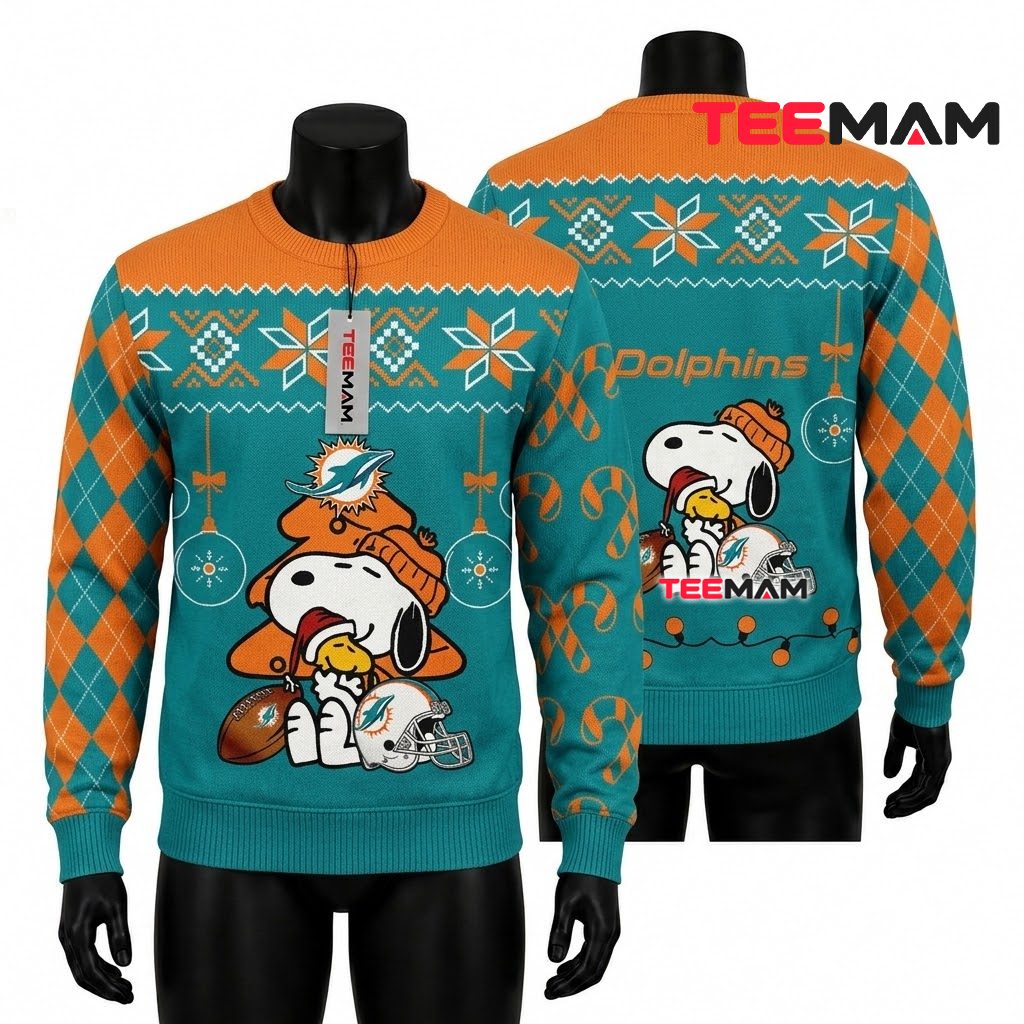 Miami Dolphins Ugly Christmas Sweater Snoopy Dabbing Logo Miami Dolphins Ugly Christmas Sweater Snoopy Dabbing Logo