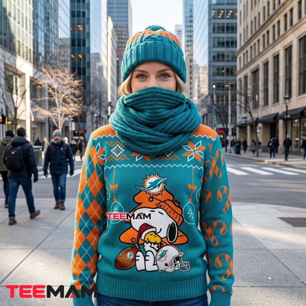 Miami Dolphins Ugly Christmas Sweater Snoopy Christmas Tree Pose Back Miami Dolphins Ugly Christmas Sweater Snoopy Christmas Tree Pose Back