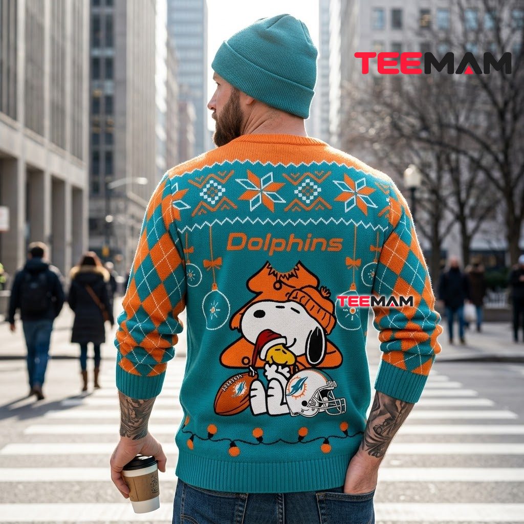 Miami Dolphins Ugly Christmas Sweater Snoopy Christmas Tree Pose Version 3 Miami Dolphins Ugly Christmas Sweater Snoopy Christmas Tree Pose Version 3