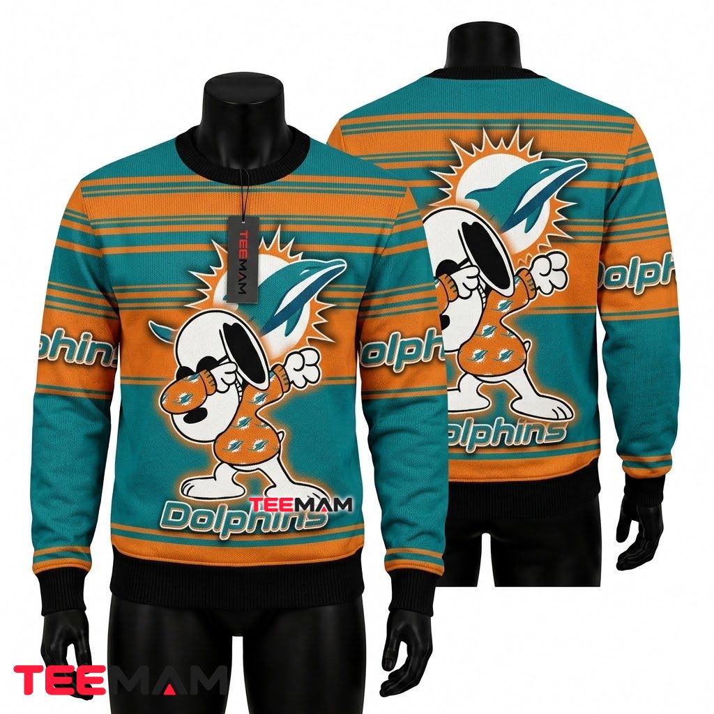 Miami Dolphins Ugly Christmas Sweater Snoopy Dabbing Logo Front