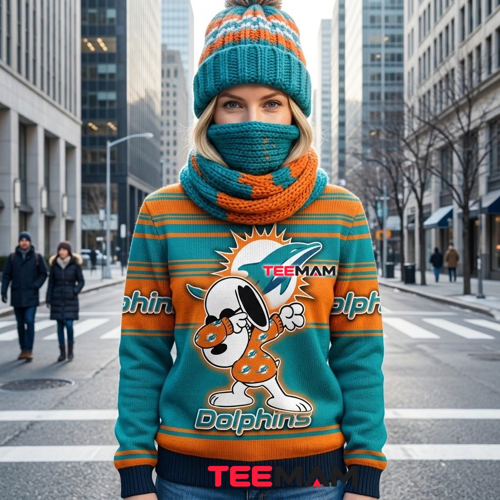 Miami Dolphins Ugly Christmas Sweater Snoopy Dabbing Logo Back Miami Dolphins Ugly Christmas Sweater Snoopy Dabbing Logo Back