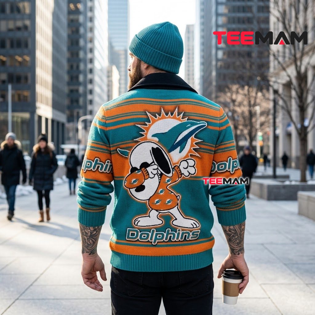 Miami Dolphins Ugly Christmas Sweater Snoopy Dabbing Logo Version 3 Miami Dolphins Ugly Christmas Sweater Snoopy Dabbing Logo Version 3