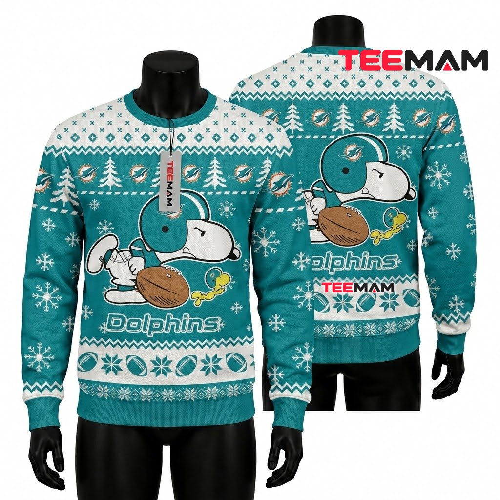 Miami Dolphins Ugly Christmas Sweater Snoopy Dabbing Logo Miami Dolphins Ugly Christmas Sweater Snoopy Dabbing Logo