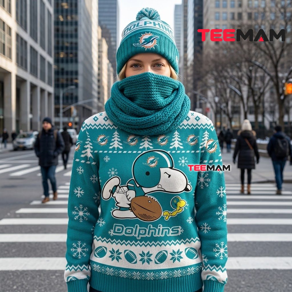 Miami Dolphins Ugly Christmas Sweater Snoopy Woodstock Football Back Miami Dolphins Ugly Christmas Sweater Snoopy Woodstock Football Back
