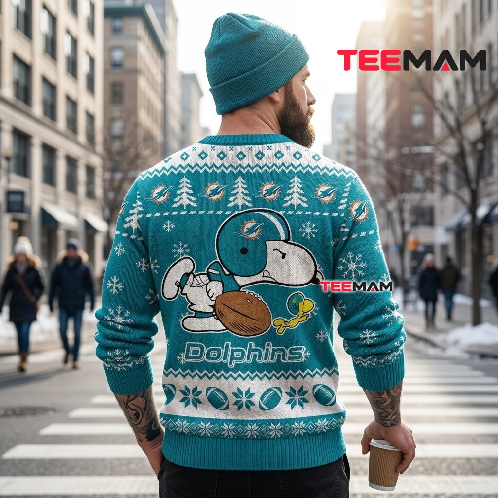 Miami Dolphins Ugly Christmas Sweater Snoopy Woodstock Football Version 3 Miami Dolphins Ugly Christmas Sweater Snoopy Woodstock Football Version 3