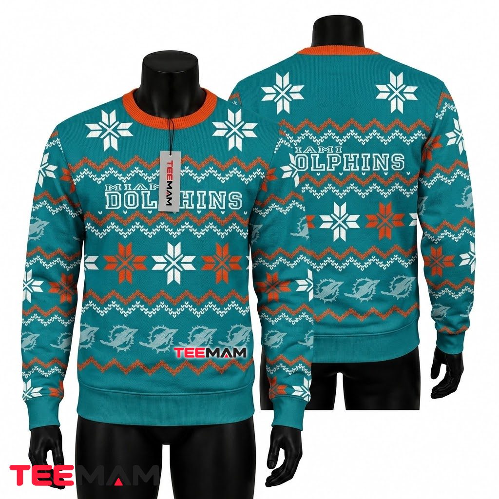 Miami Dolphins Ugly Christmas Sweater Snowflake Pattern Classic Front