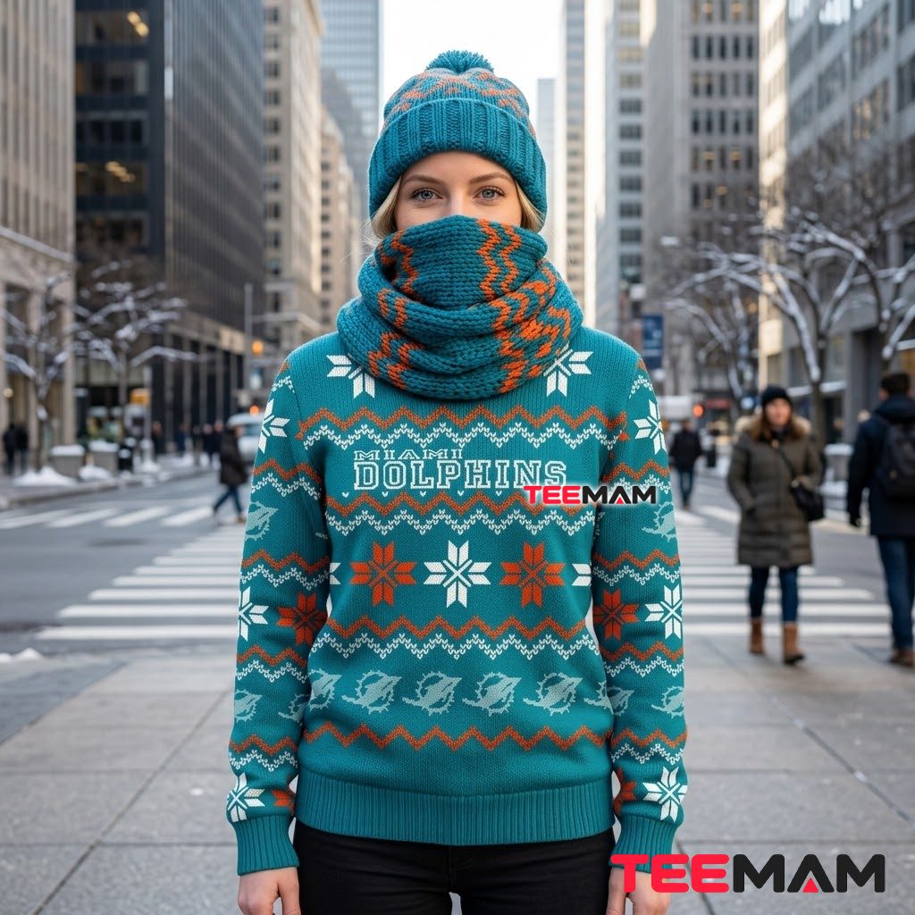 Miami Dolphins Ugly Christmas Sweater Snowflake Pattern Classic Back Miami Dolphins Ugly Christmas Sweater Snowflake Pattern Classic Back