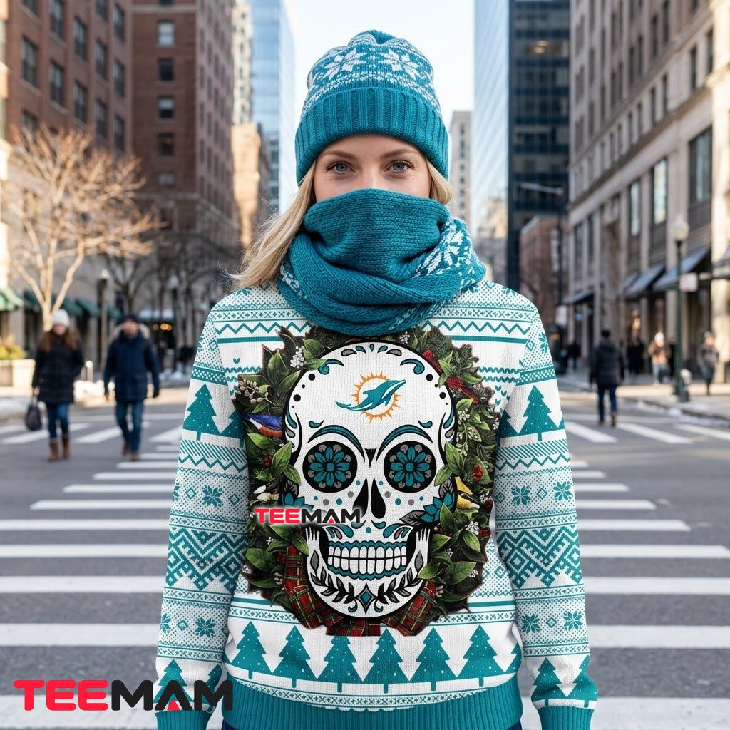 Miami Dolphins Ugly Christmas Sweater Sugar Skull Wreath Back Miami Dolphins Ugly Christmas Sweater Sugar Skull Wreath Back