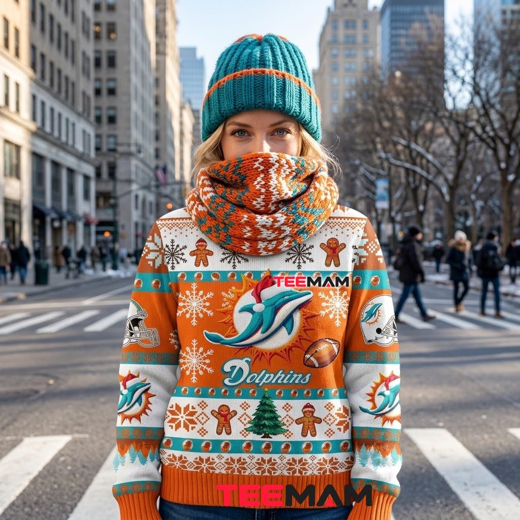 Miami Dolphins Ugly Christmas Sweater They Not Like Us Gingerbread Back Miami Dolphins Ugly Christmas Sweater They Not Like Us Gingerbread Back