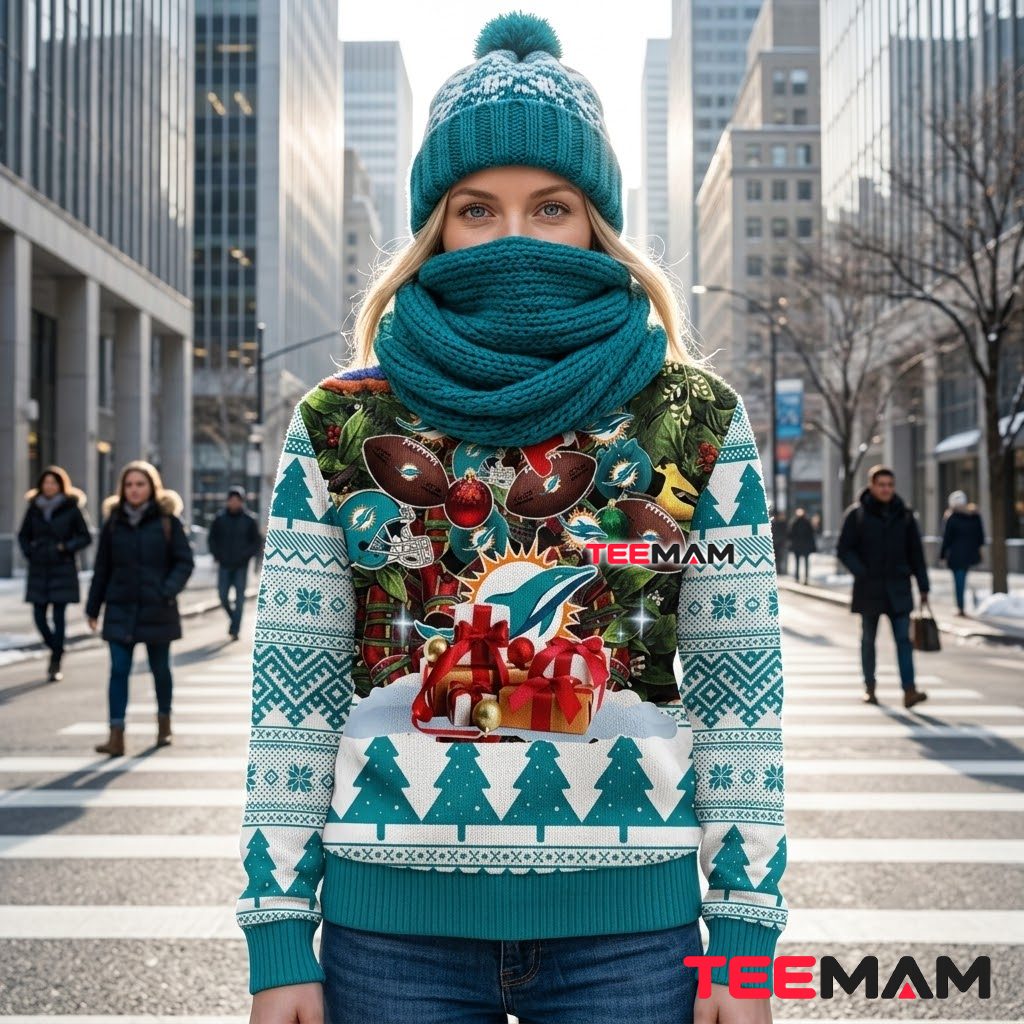 Miami Dolphins Ugly Christmas Sweater Wreath Helmets Gifts Back Miami Dolphins Ugly Christmas Sweater Wreath Helmets Gifts Back