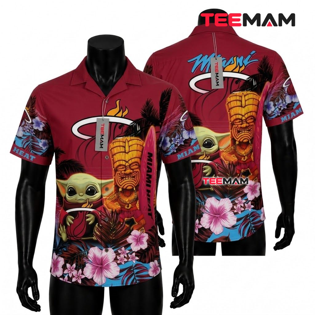 Miami Heat Aloha Shirt Baby Yoda Tiki Surfboard Front
