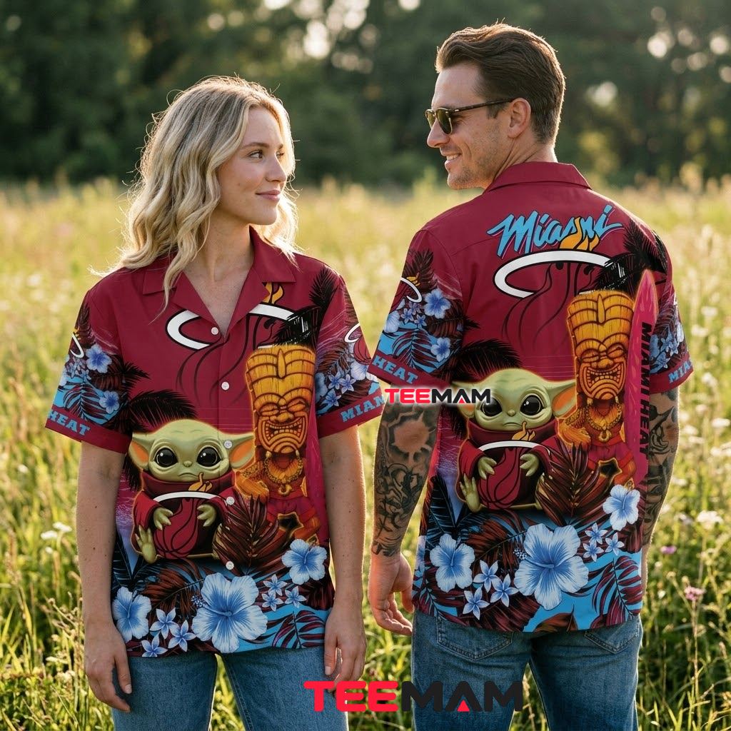 Miami Heat Aloha Shirt Baby Yoda Tiki Surfboard Back Miami Heat Aloha Shirt Baby Yoda Tiki Surfboard Back