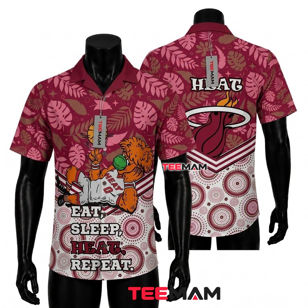 Miami Heat Aloha Shirt Mascot Eat Sleep Repeat Front