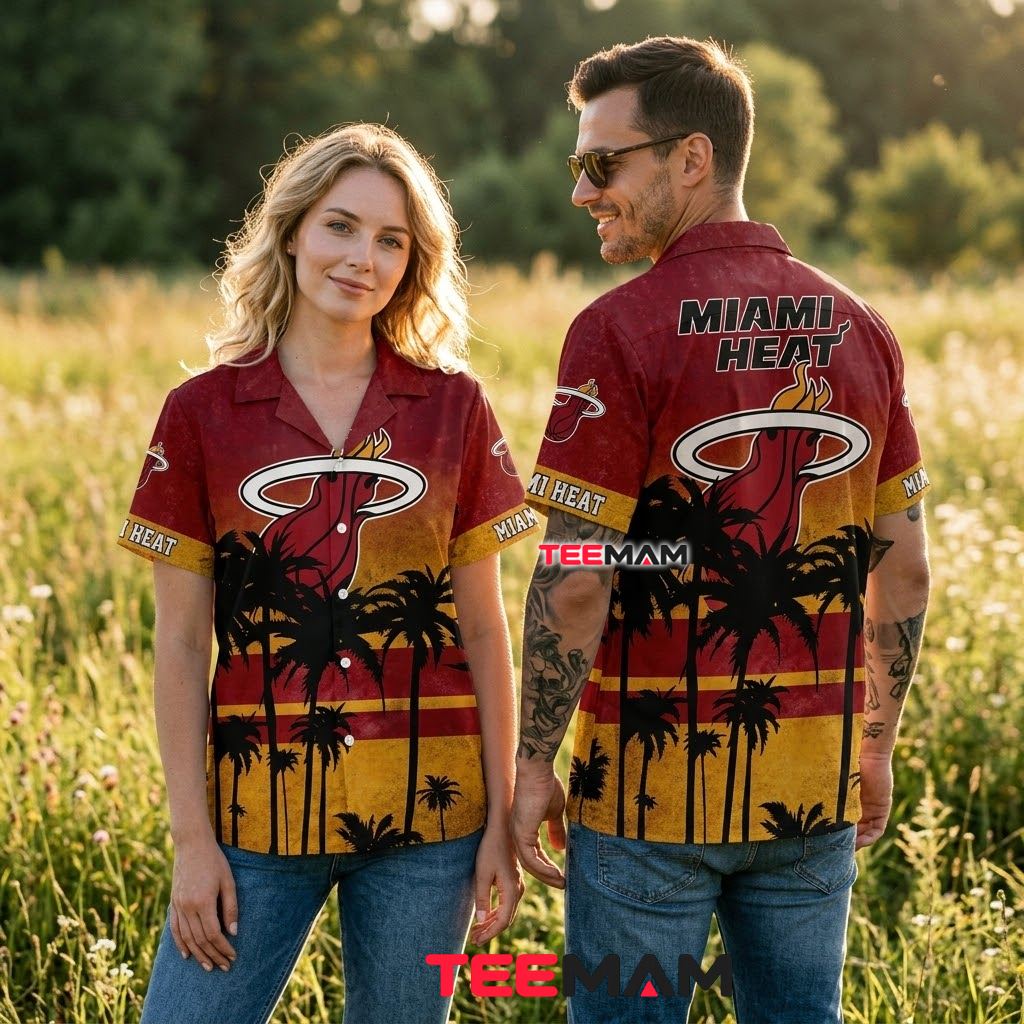 Miami Heat Aloha Shirt Sunset Palm Silhouette Back Miami Heat Aloha Shirt Sunset Palm Silhouette Back