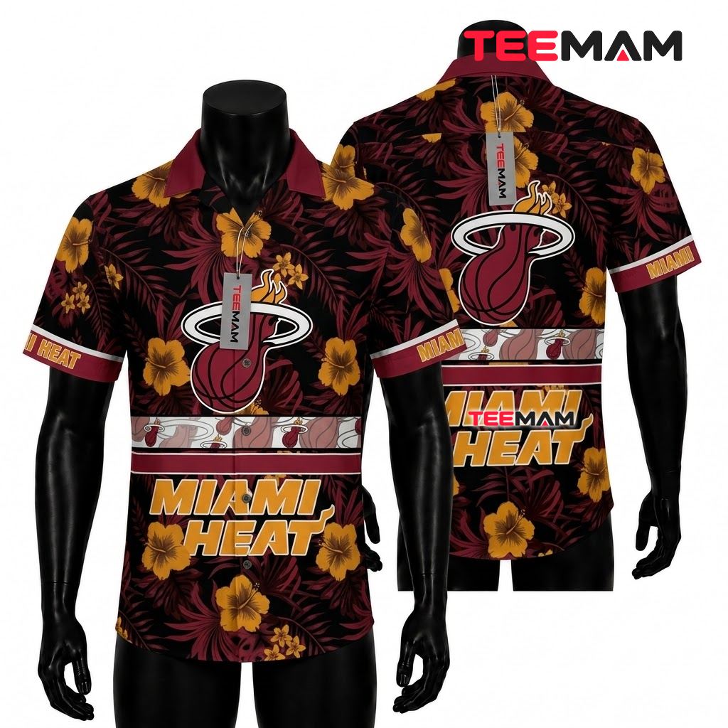 Miami Heat Button Up Shirt Gold Hibiscus Floral Front