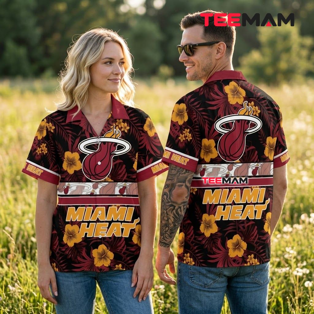 Miami Heat Button Up Shirt Gold Hibiscus Floral Back Miami Heat Button Up Shirt Gold Hibiscus Floral Back