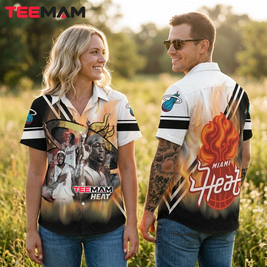 Miami Heat Button Up Shirt LeBron Wade Flame Back Miami Heat Button Up Shirt LeBron Wade Flame Back