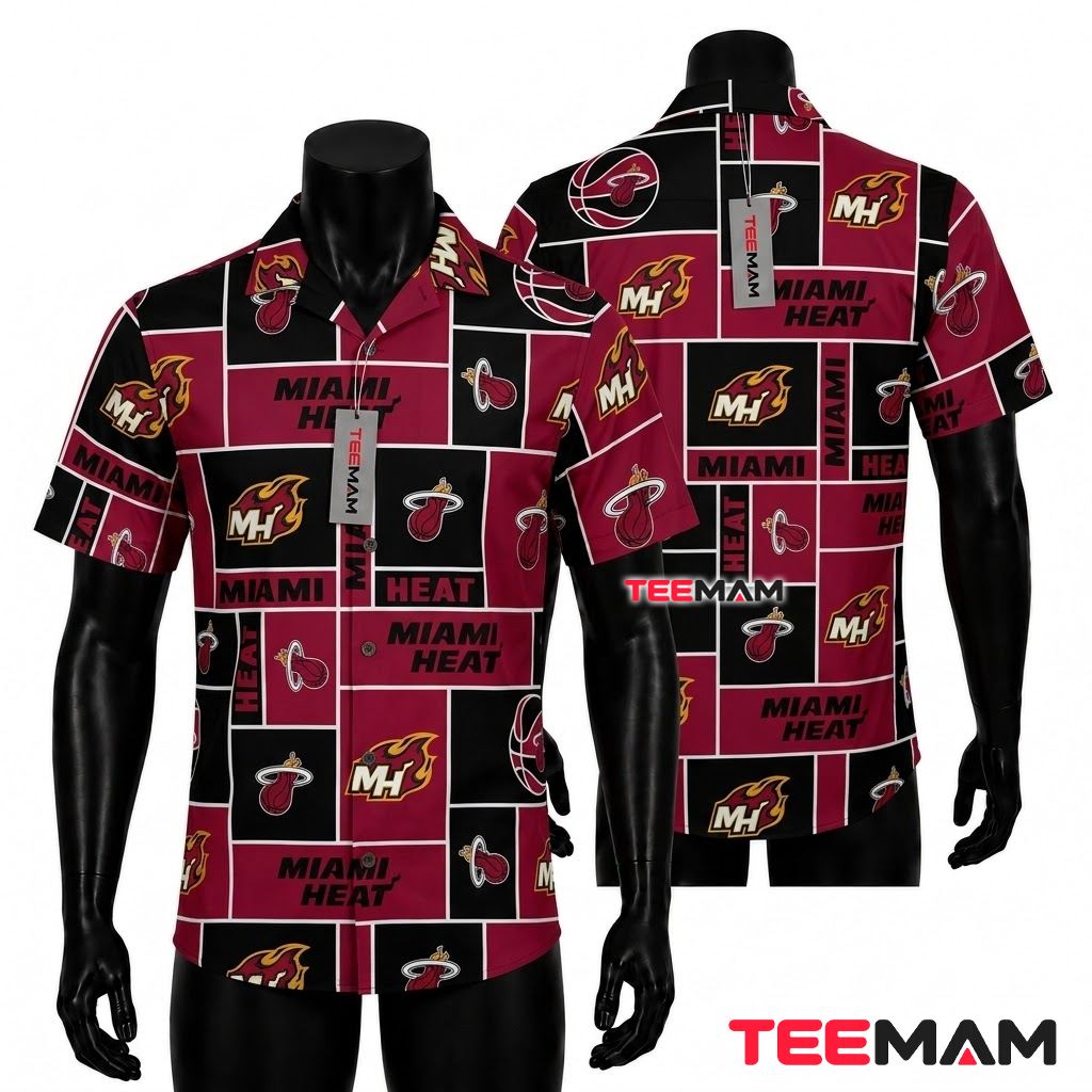 Miami Heat Hawaiian Shirt Logo Grid Pattern Front