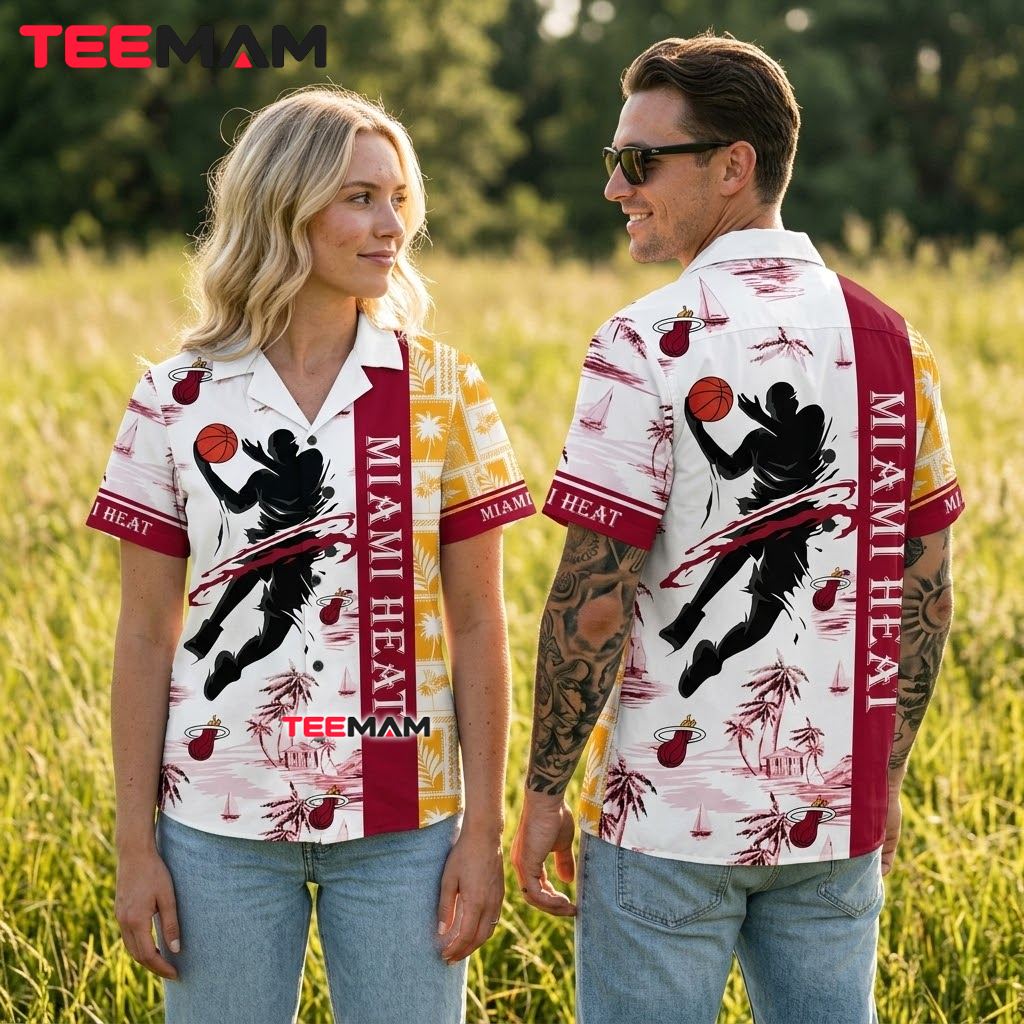 Miami Heat Hawaiian Shirt Player Silhouette Palm Back Miami Heat Hawaiian Shirt Player Silhouette Palm Back