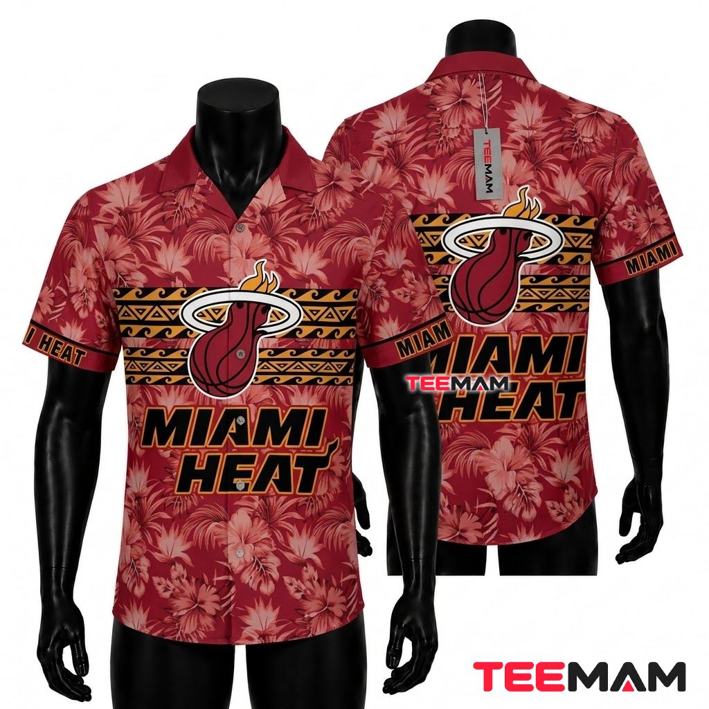 Miami Heat Hawaiian Shirt Tribal Hibiscus Maroon Front