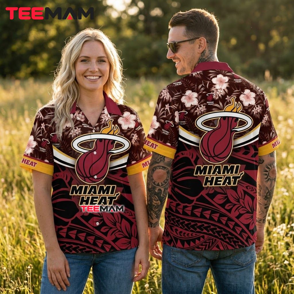 Miami Heat Hawaiian Shirt Tribal Hibiscus Pattern Back Miami Heat Hawaiian Shirt Tribal Hibiscus Pattern Back